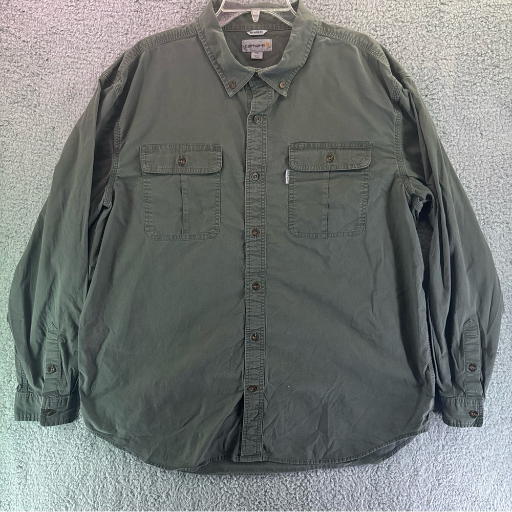 Carhartt Shirt Men 2XL Long Sleeve Green Relaxed Fit Ripstop Fabric Stretch